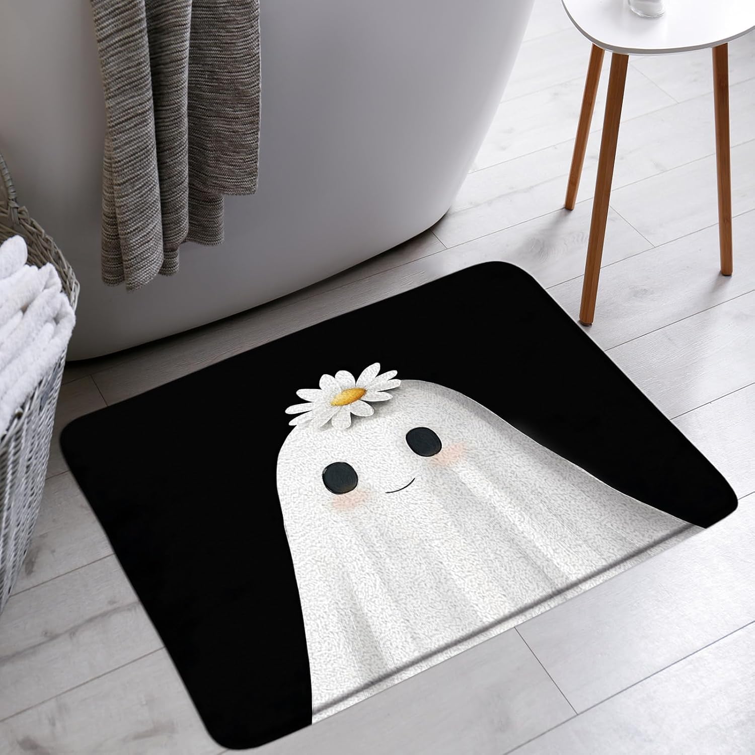 AMFD Spooky Halloween Bath Mat Funny Cute Black White Ghost Icons Daisy Floral Scary Gothic Bathroom Bathtub Floor Rugs Doormat Toilet Decor,24 x 60 in