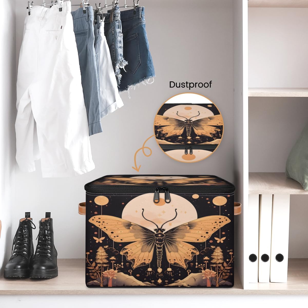 Storage Bin Set of 2 Ethnic Butterfly Moon Storage Basket with Zipper Lid & Handle Foldable Closet Shelf 2 Pack Cloth Organizer Basket Cube Bins Clothes Organizer for Bedroom, Nursery
