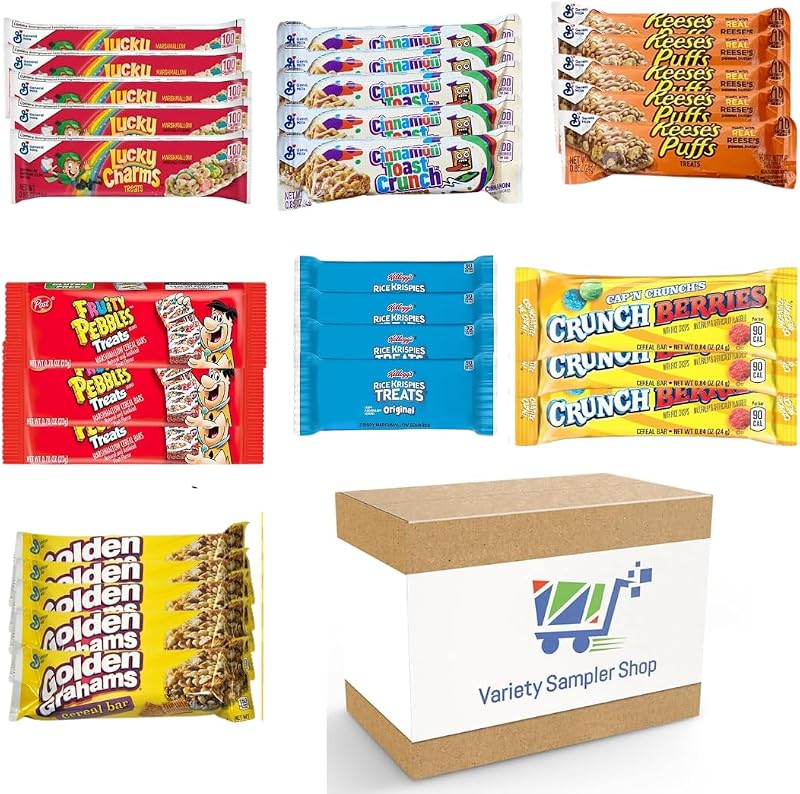 Paquete variado de barras de cereales, caja de refrigerios para desayuno, 30 barras de granola envueltas individualmente, amuletos de la suerte, tostadas crujientes de canela, grahams dorados, hojaldres de mantequilla de maní