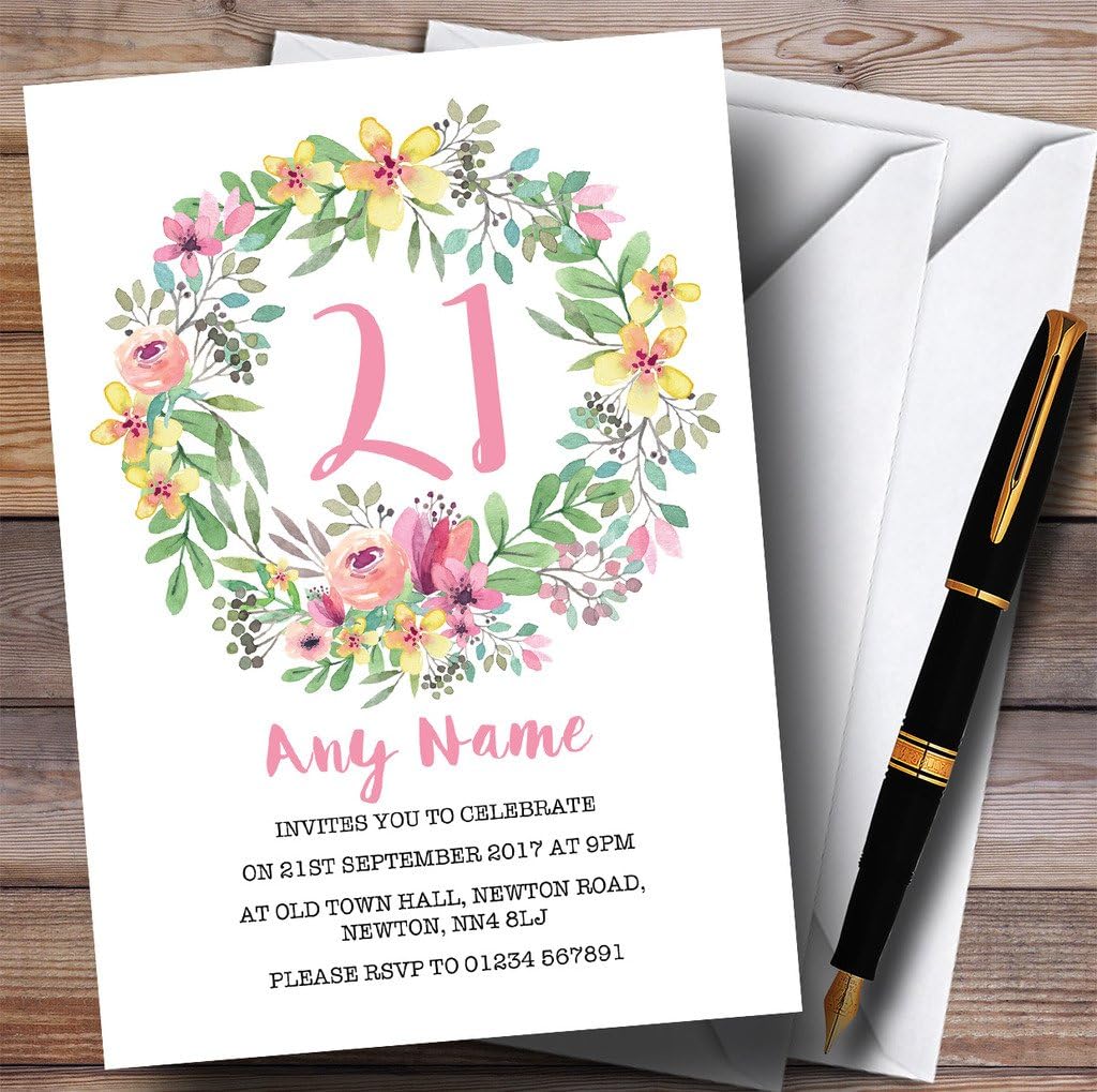 Watercolour Floral Wreath Pink 21st Personalized Birthday Party Invitations