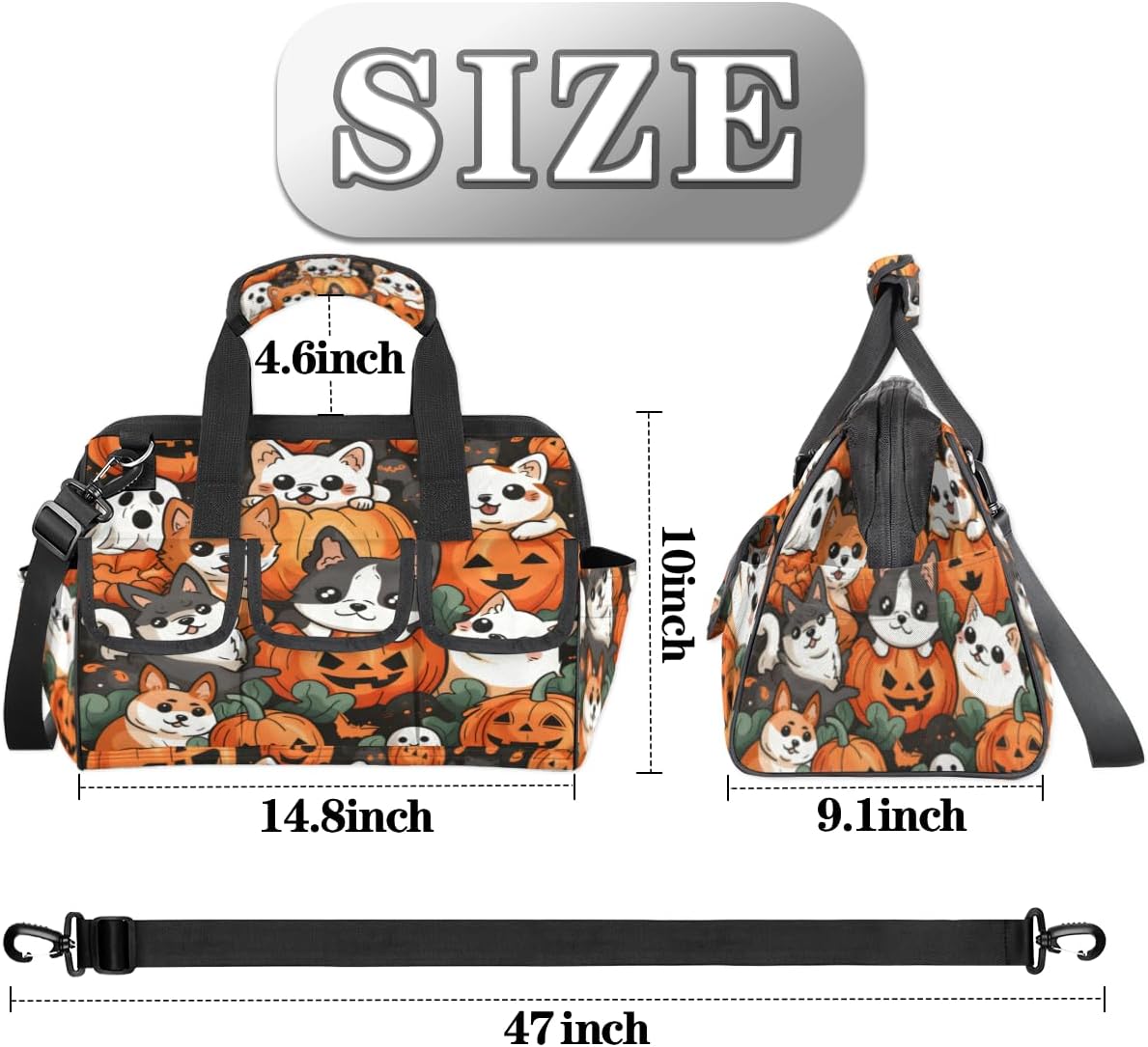 Tool Bag with Multi-Pockets Soft Handle Adjustable Shoulder Strap Halloween Dog Face Portable Sturdy Waterproof Durable Wide Mouth Tote for Instrument Mechanic Carpenter