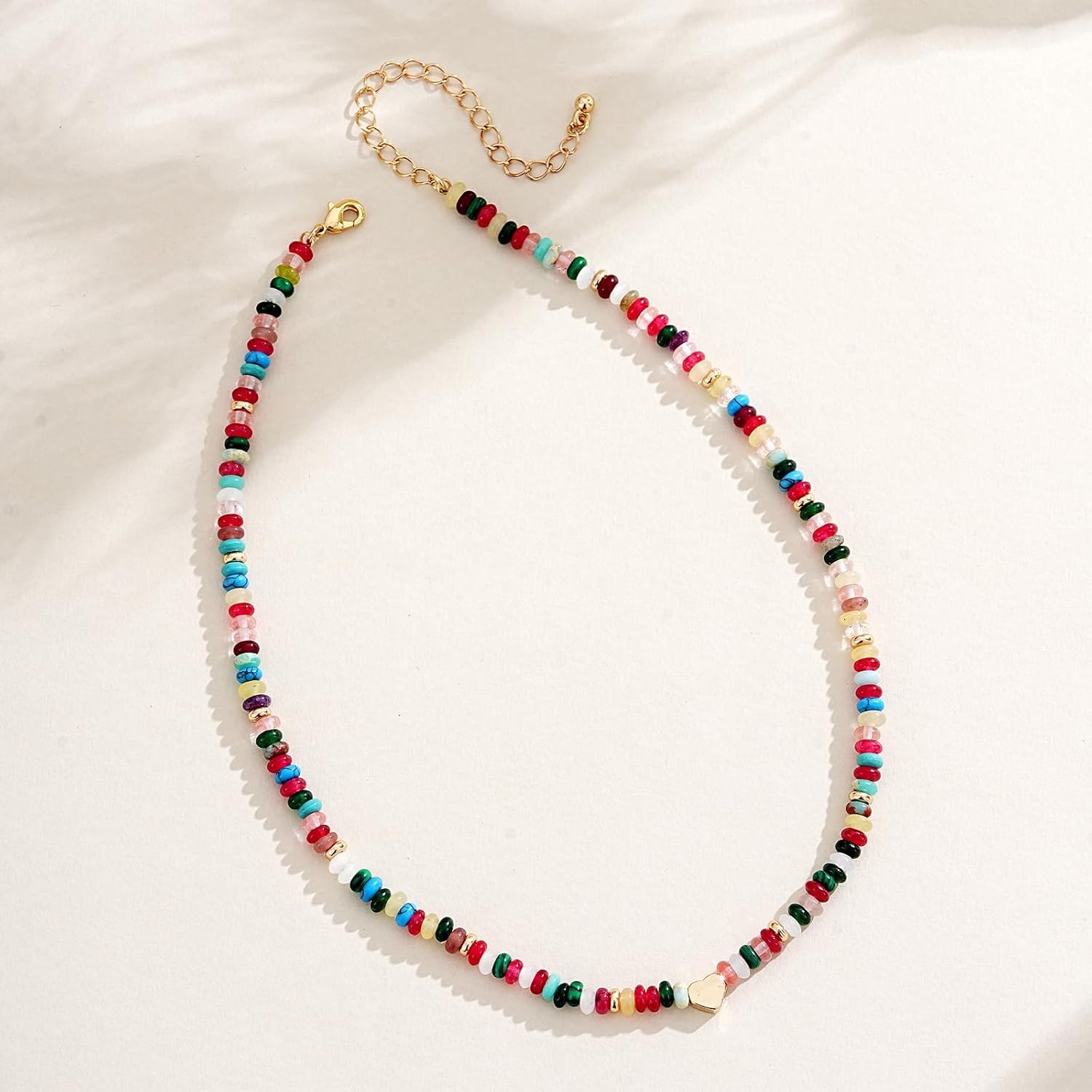 Beaded Necklaces for Women Dainty Colorful Bead Heart Chokers Gemstone Boho Natural Stone Surfer Necklaces Summer Beach Jewelry (Rainbow-heart)