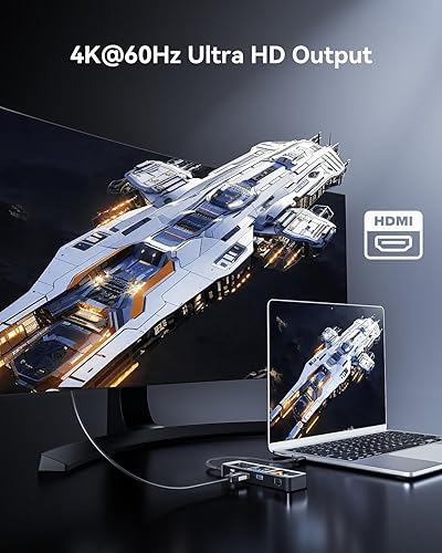 Miniatura 3 de DOCKCASE Explorer Edition Visual Smart USB C Hub (6 en 1) con puerto HDMI 4K a 60 Hz, Gigabit Ethernet, USB-C y 2 puertos de datos USB-A de 5 Gbps,