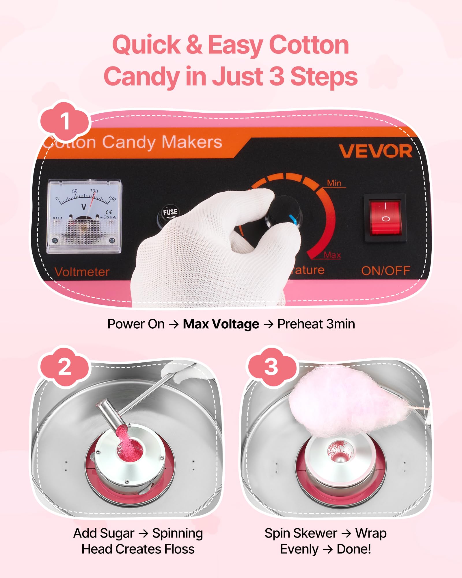 VEVOR Machine à Barbe à Papa Électrique de 1000 W, Appareil à Barbe à Papa avec Couvercle Transparent, Bol en Inox et Cuillère à Sucre, pour Faire des Bonbons Fêtes Anniversaires Maison, Rose