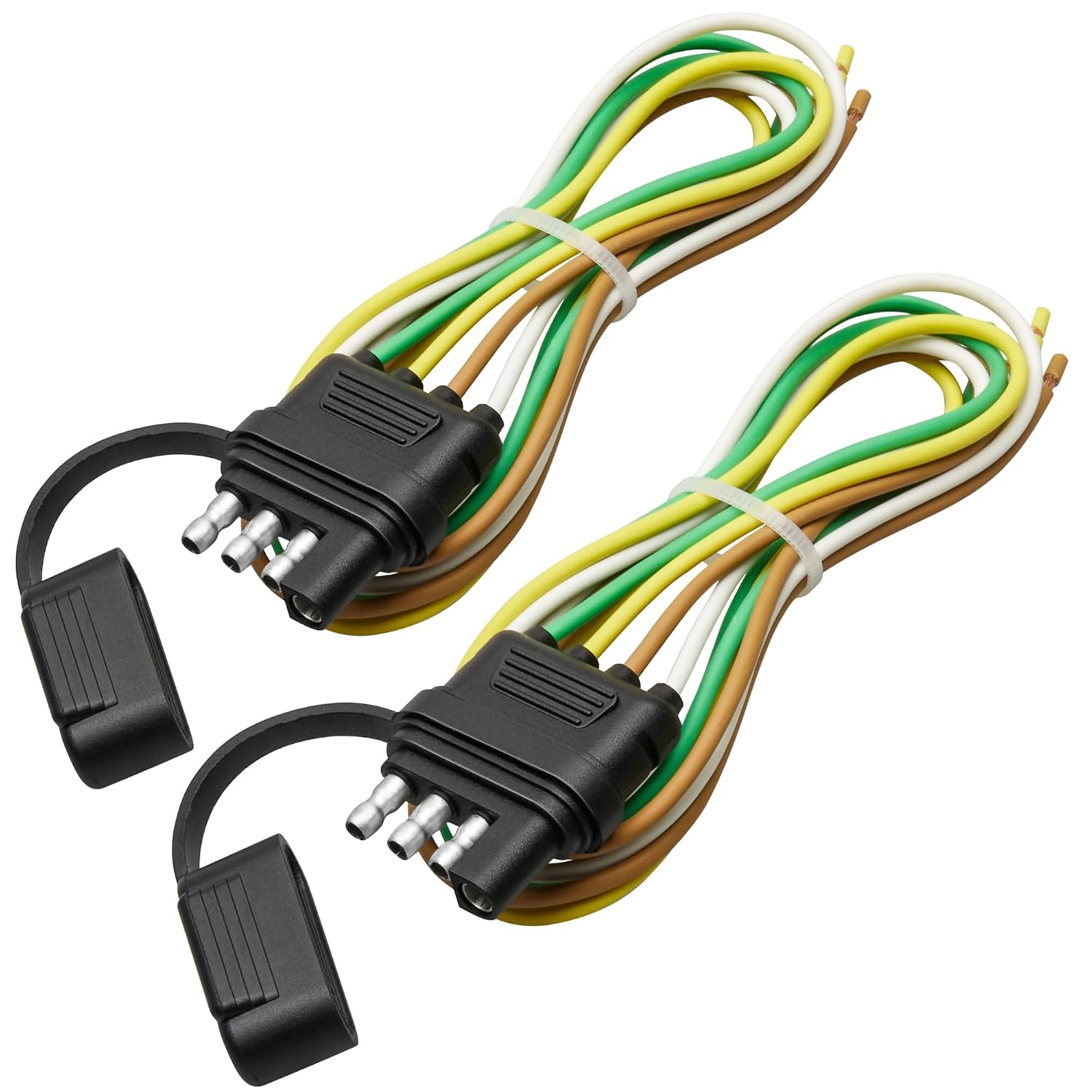 MECMO 2-Pack 4-Way Flat Trailer End Connector 25 Inch, 16AWG 4 Prong Wiring Harness Plug with Dust Cover, Trailer-Side 4 Pin Trailer Light Plug Male End Replacement Connector for Tow Hitch Wire