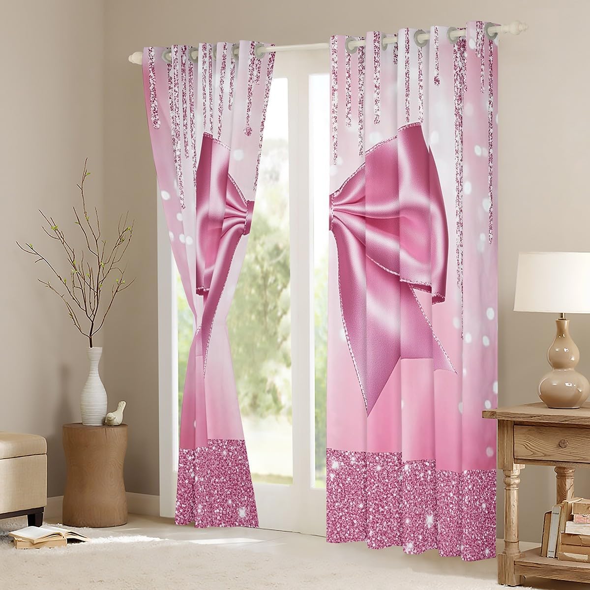 Feelyou Kids Pink Bowknot Blackout Curtains Dreamy Princess Darkening Drapes Boys Girls Glitter Window Curtains Watercolor Bow Teens Window Treatments Bedroom Decor (2 Panels, 42 x 84 Inch)