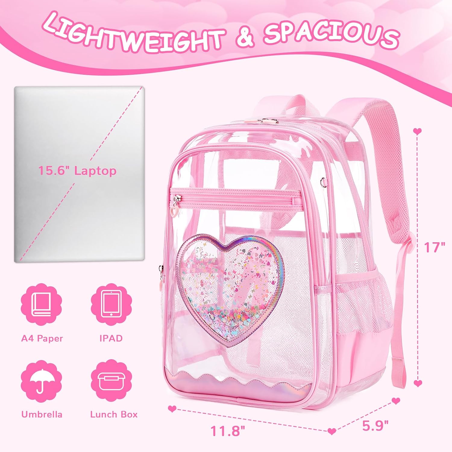 Clear Backpack, Heavy Duty Thick TPU Clear Bookbag, Transparent Bookbag Stadium Events, See Through Large Ergonomic Backpack for School Kids Girls Women Travel Security College Concert, Pink - Image 2