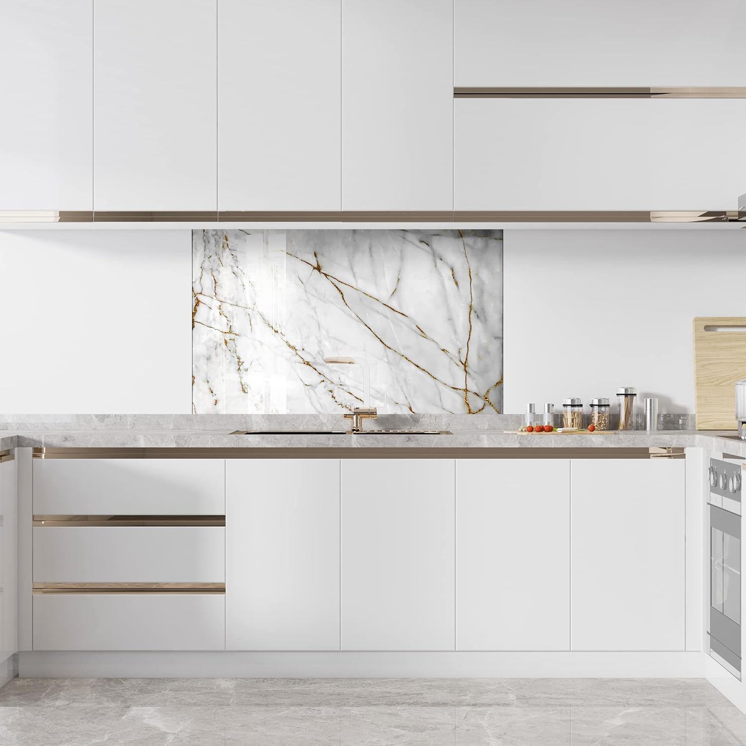 Myphotostation White and Gold Marble Tempered Glass Backsplash 23.5Wx12H'' Abstract Splashback for Kitchen Wall Decor Bathroom Wall Protector Stove Backsplash Panel Tile Glass Splashback Kitchen