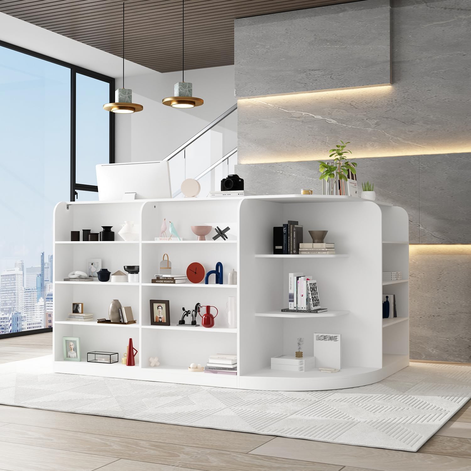 ECACAD 70.9" Large L-Shaped Reception Desk with 3 Drawers, 15 Open Shelves, Counter Top & Monitor Stand, Office Desk Reception Counter Table with File Cabinet, White