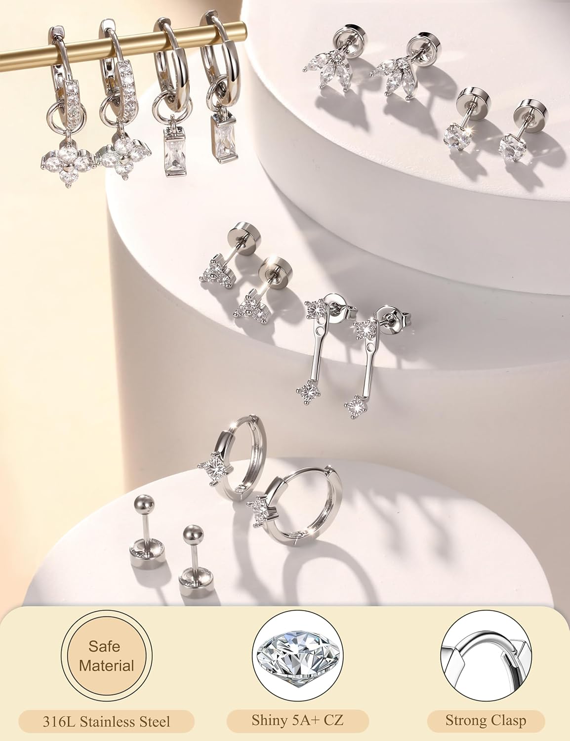 LOYALLOOK Small Gold Hoop Stud Earrings for Women - Hypoallergenic Surgical Stainless Steel Earrings Stack with CZ Charm Cartilage Earring Sets for Multiple Piercing Flat Back Stud Earrings - Image 5