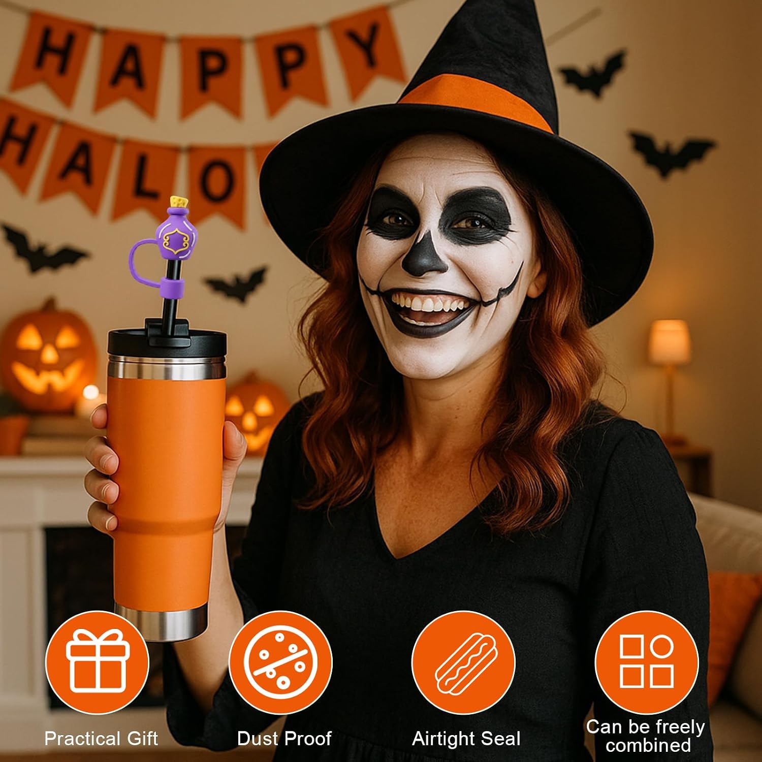 Honeydak 24 Pcs Mixed Halloween Straw Toppers 3D Straw Covers for Cup 10mm image 5