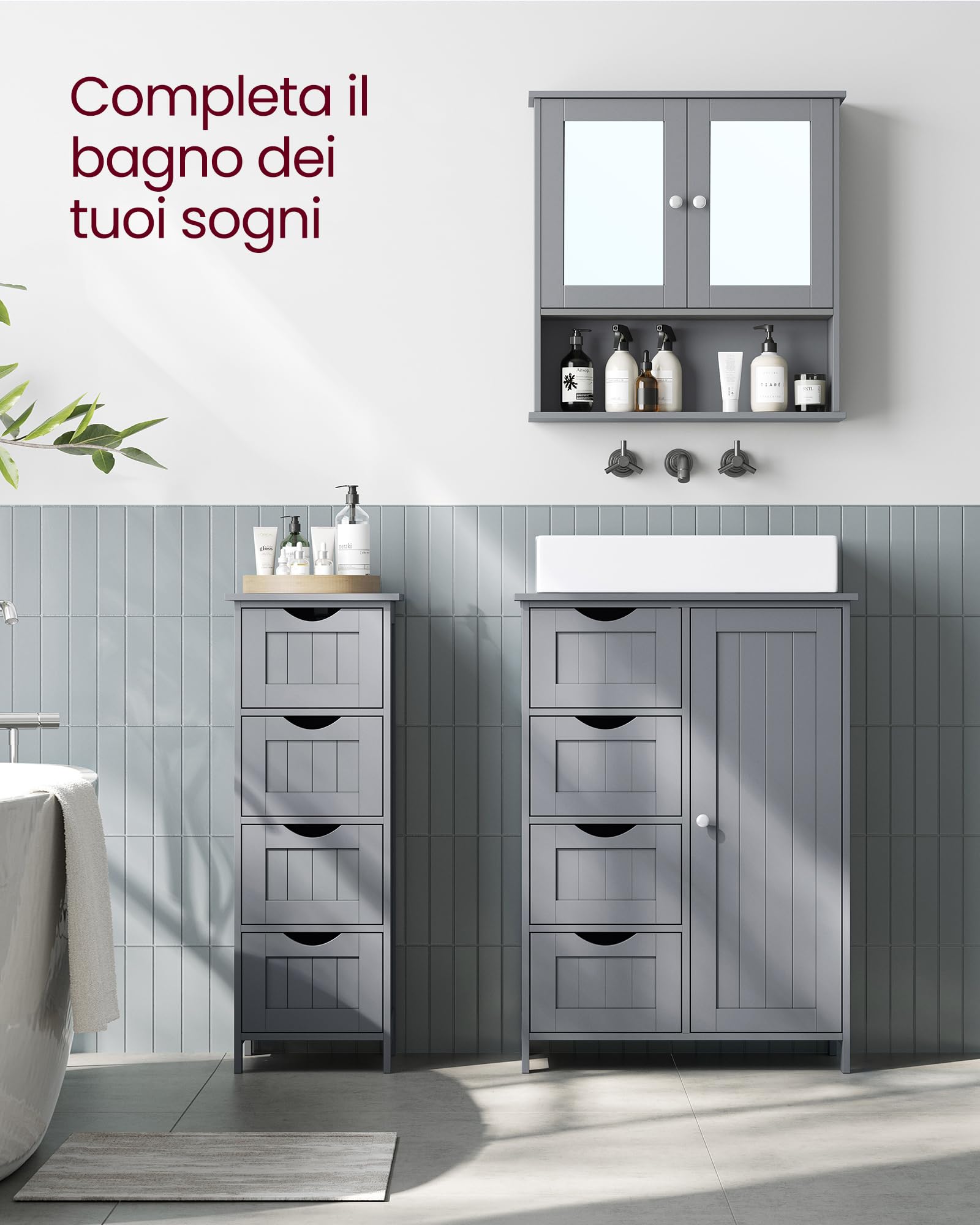VASAGLE Armadio da parete, mobile da bagno, armadio da appendere, 2 ante a specchio e scomparto aperto, ripiano regolabile, 13 x 56,5 x 58,5 cm, grigio tortora LHC002G02