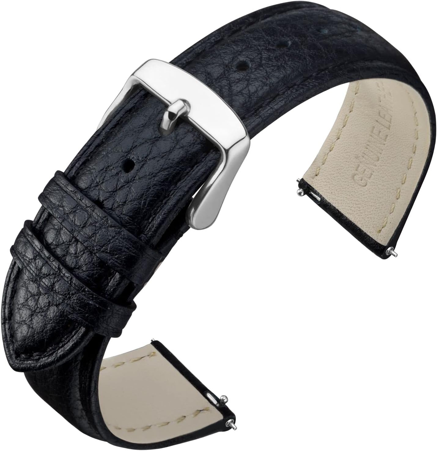 ANNEFIT Watch Band 19mm, Quick Release Textured Padded Leather Straps with Silver Buckle for Men and Women (Black)