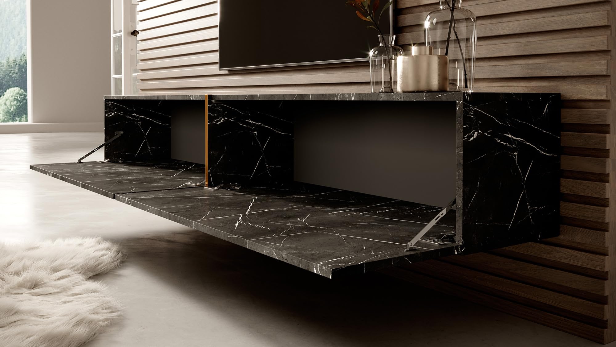 Selsey Mueble De TV Mesa De TV 200 cm Suspendido para Salón Dormitorio Mármol Negro con Inserción Dorada Bisira