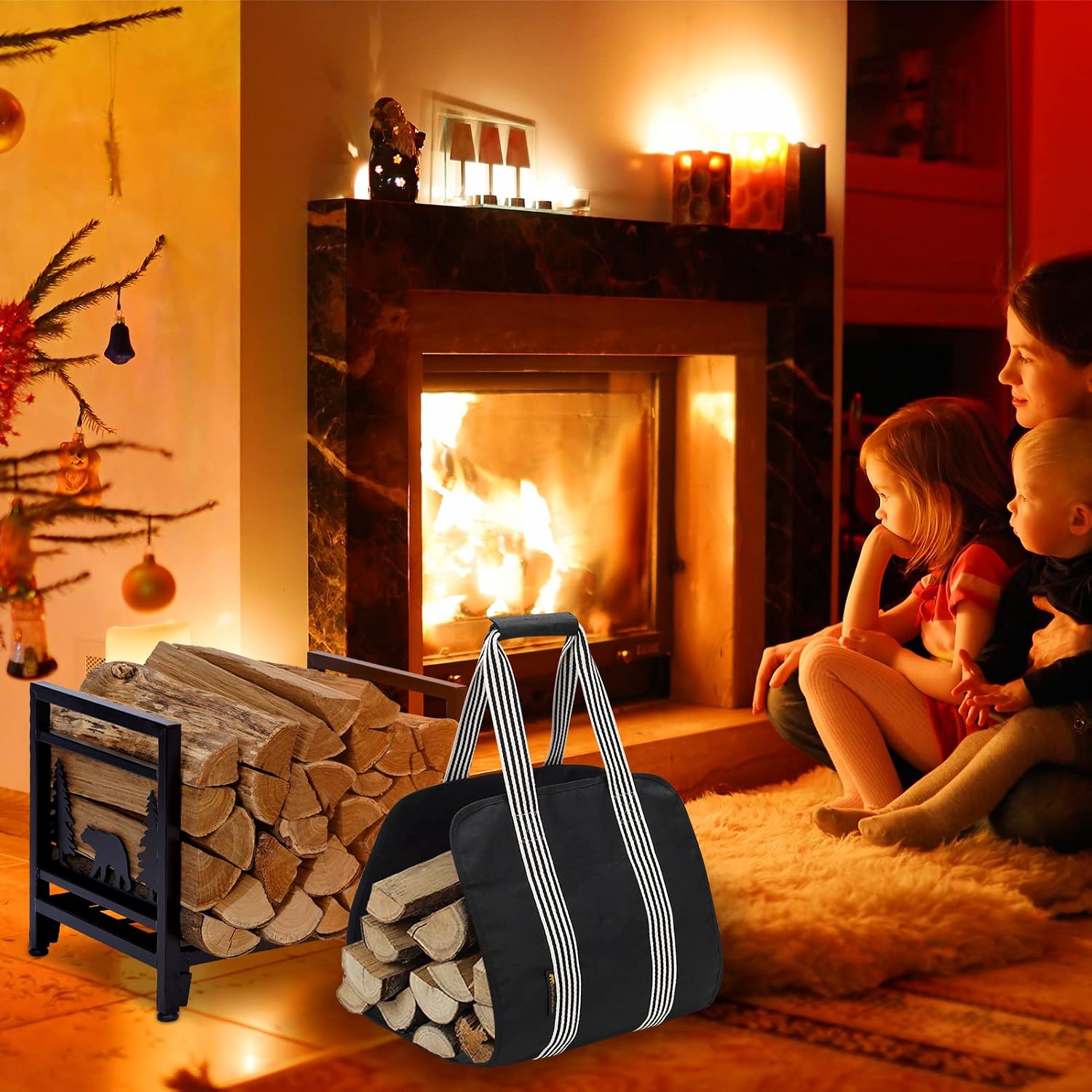 Fireplace Wood Holder with Log Bag, Heavy Duty Steel