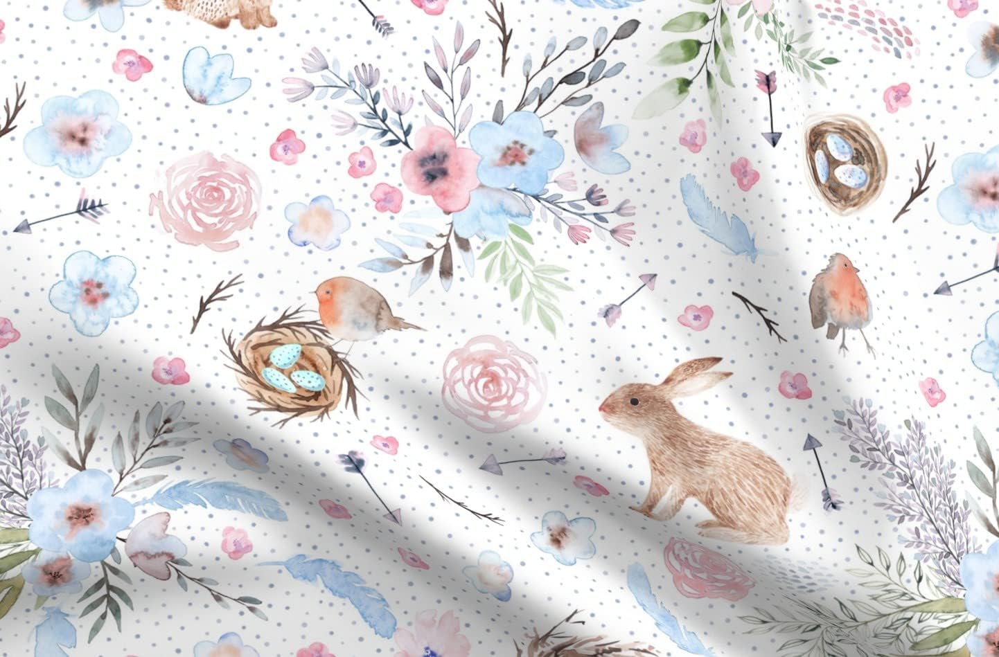 Spoonflower Fabric - Pastel Woodland Watercolor Bunny Rabbit Easter Robins Egg Whimsical Printed on Organic Cotton Sateen Fabric by The Yard - Sewing Quilting Apparel Home Decor