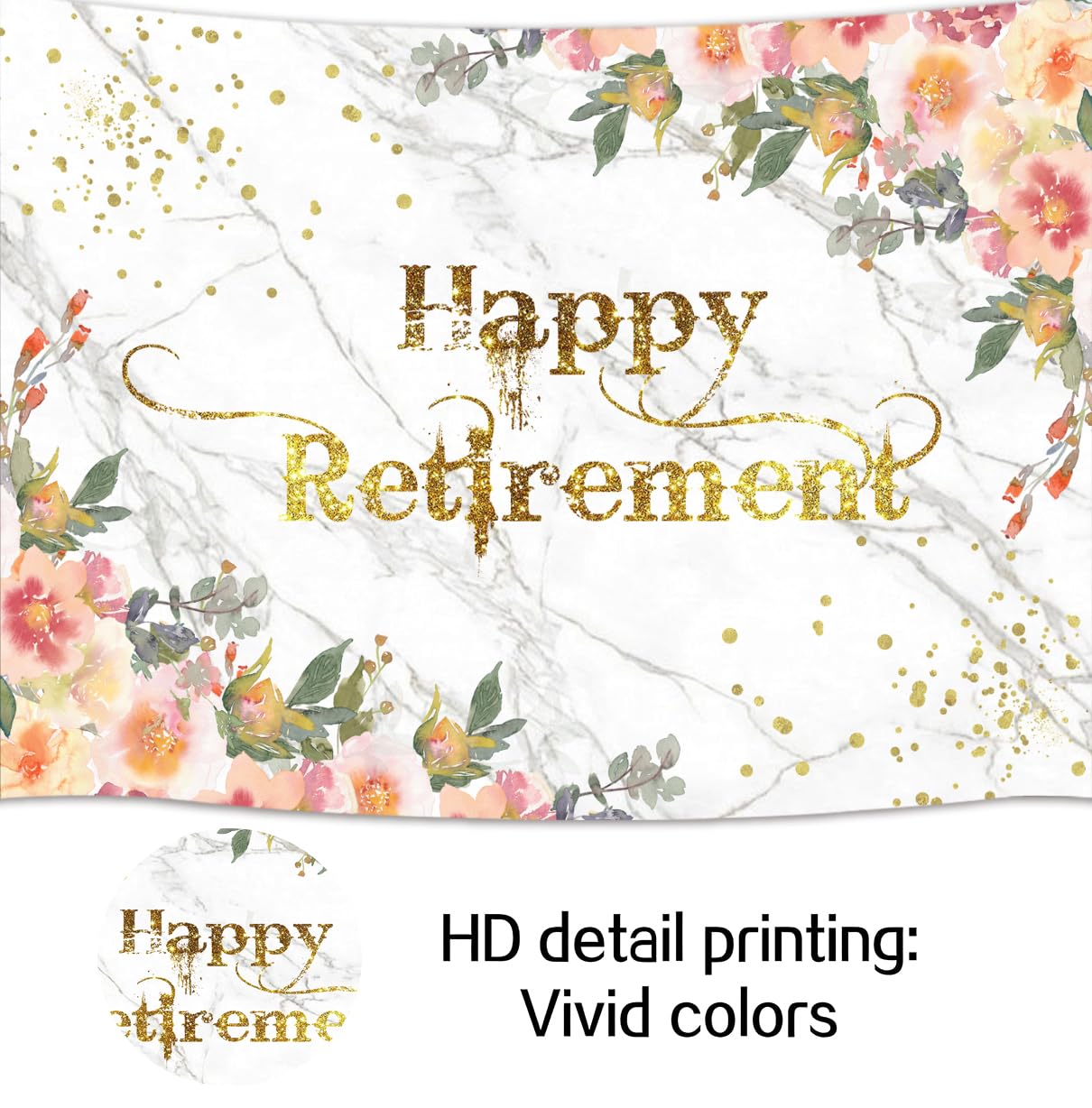 1,8 x 1,8 m Happy Retirement Banner sfondo per donne decorazioni per feste grano di marmo oro glitter sfondo foto decorazioni per feste grano di marmo congratulazioni foto stand puntello