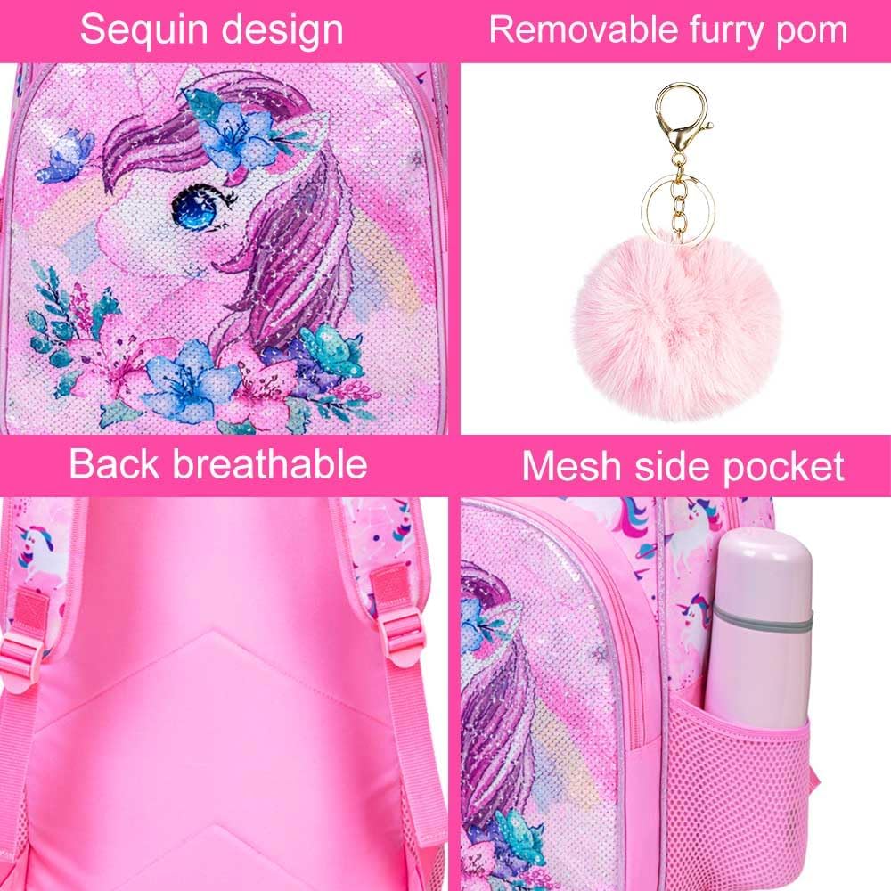KLFVB 3PCS Unicorn Mermaid Backpack for Girls, 16" Sequin Kids Bookbag and Lunch Box, Preschool Backpacks for Elementary - Image 5