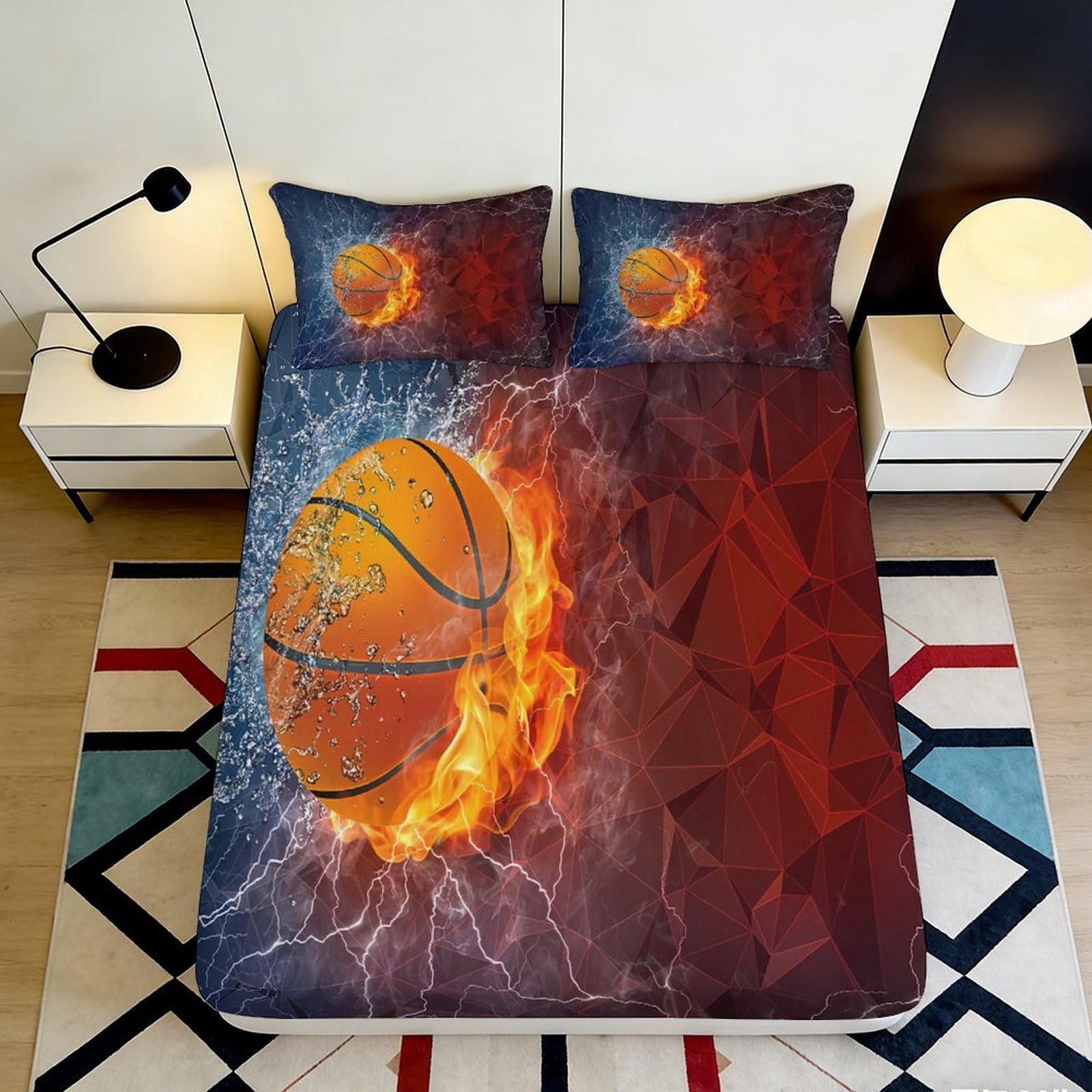 3D Printed Flame Basketball Fitted Sheet Microfiber Deep Pocket Elastic Hem Flame Basketball Mattress Fitted Cover Bedroom Set 160x200x25cm