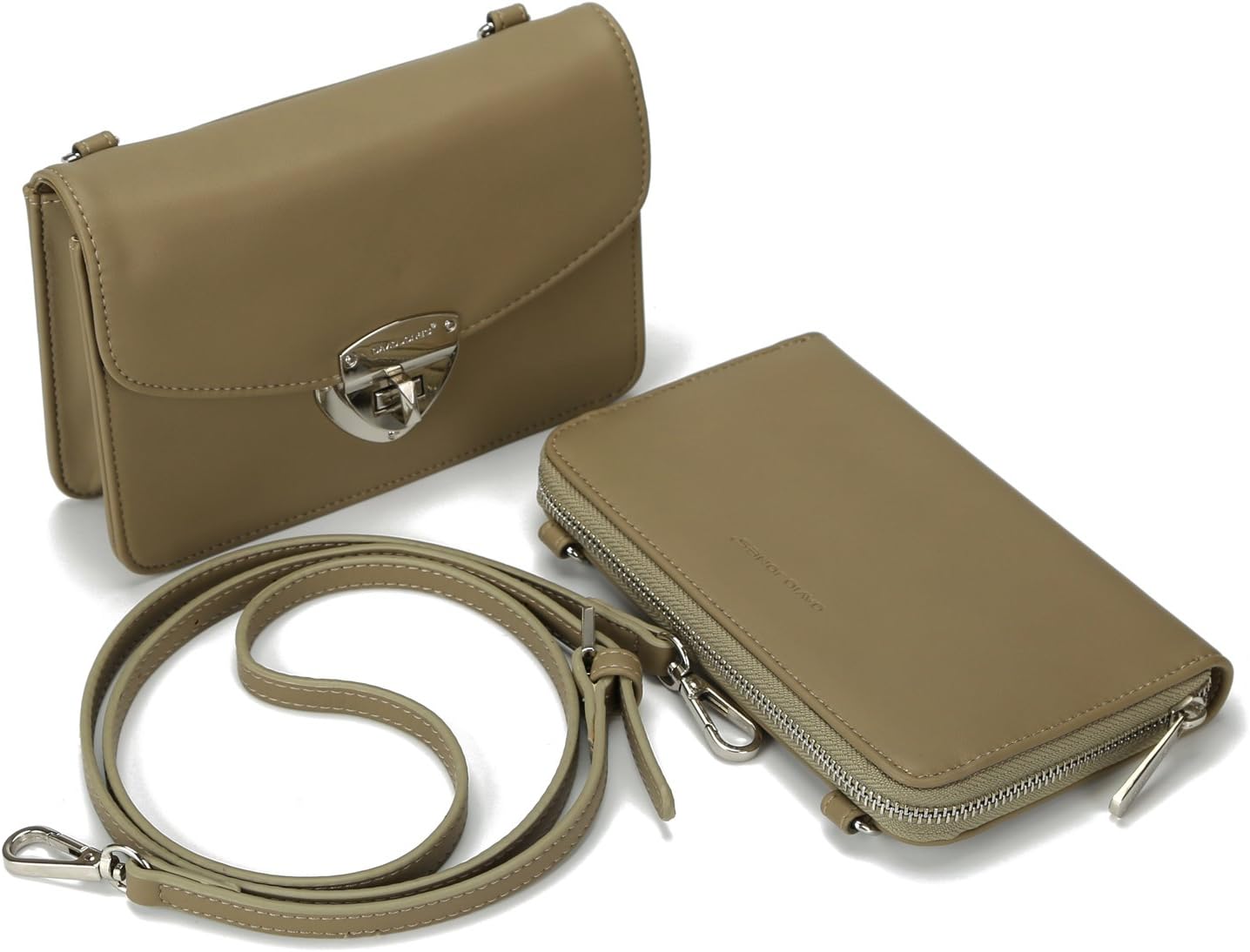 DAVID - JONES INTERNATIONAL Women Khaki PU Leather 2 Pieces Crossbody Multi-Card Coin Wallet Clutch Set for Travel
