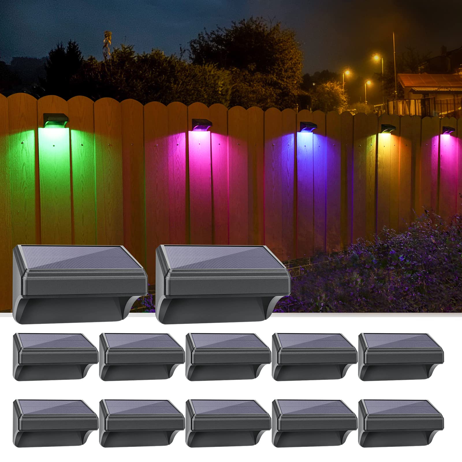 Aulanto Solar Fence Lights, Fence Lights with Warm White and RGB Lock, Solar Wall Lights IP65 Waterproof LED Fence Solar Lights Outdoor for Yard, Garden, Pool Wide Fence Wall Decor. (12pack & 4Modes)