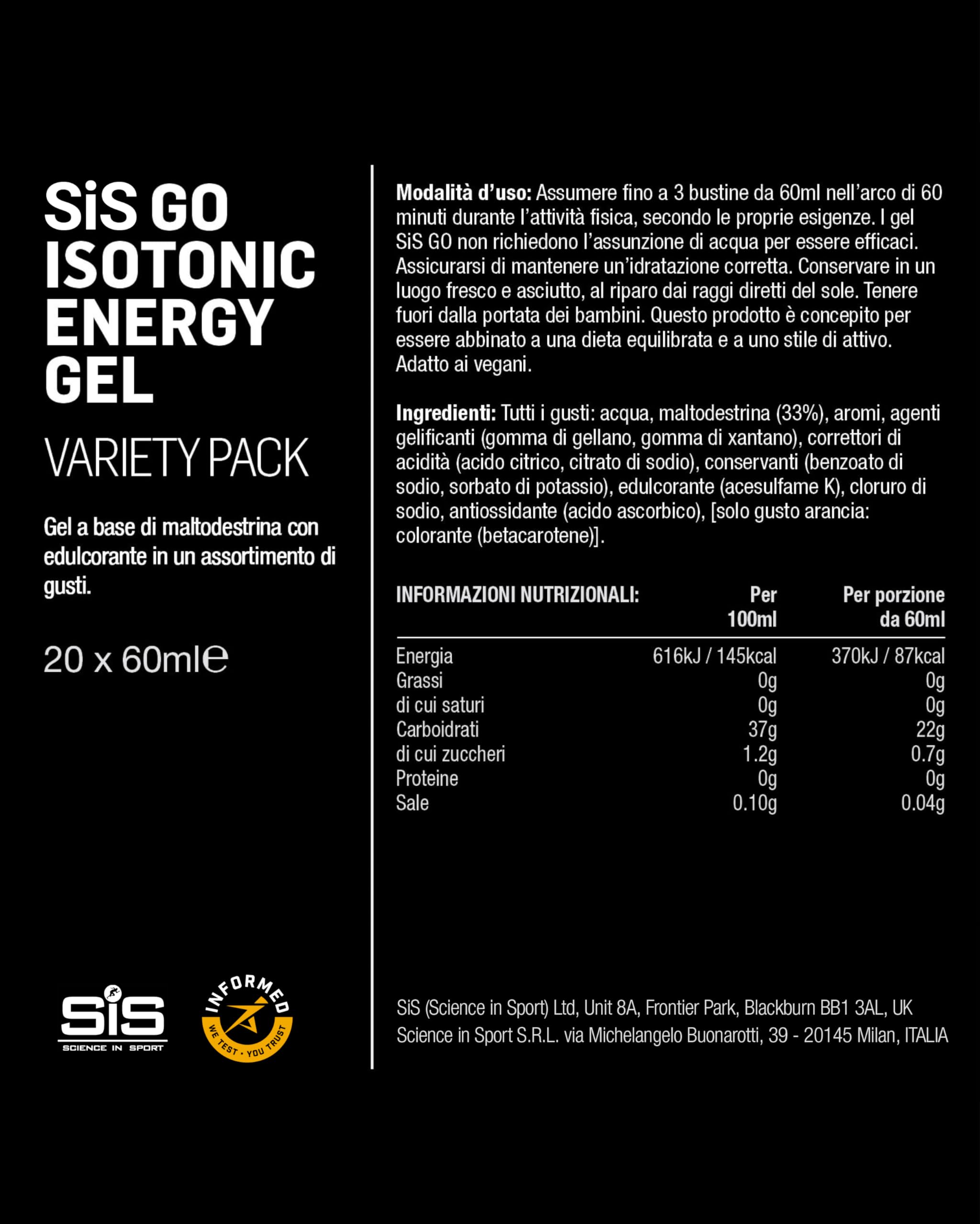 Science in Sport GO Energy Gel 20 x 60ml Vegano - Gel energetico isotonic con 22g di carboidrati, Ottimo fornitore di energia, Alternativa ottimale alle bevande isotoniche