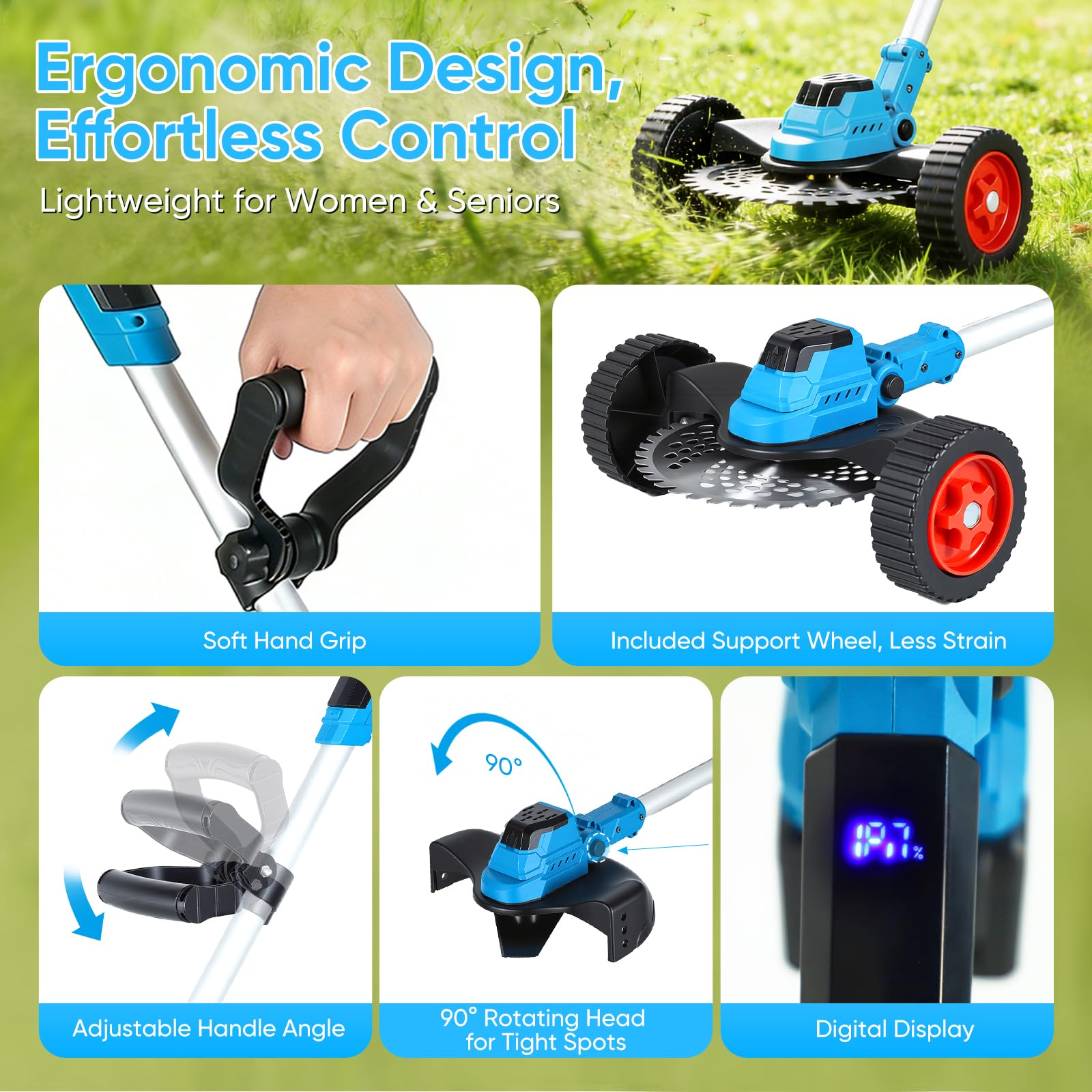 Desbrozadora Inalámbrica 600W, Cortacésped y Bordes 2-en-1, Motor Brushless con Pantalla LED, Mango Ajustable, con 2 baterías, Incluye Cuchillas y Gafas de Seguridad