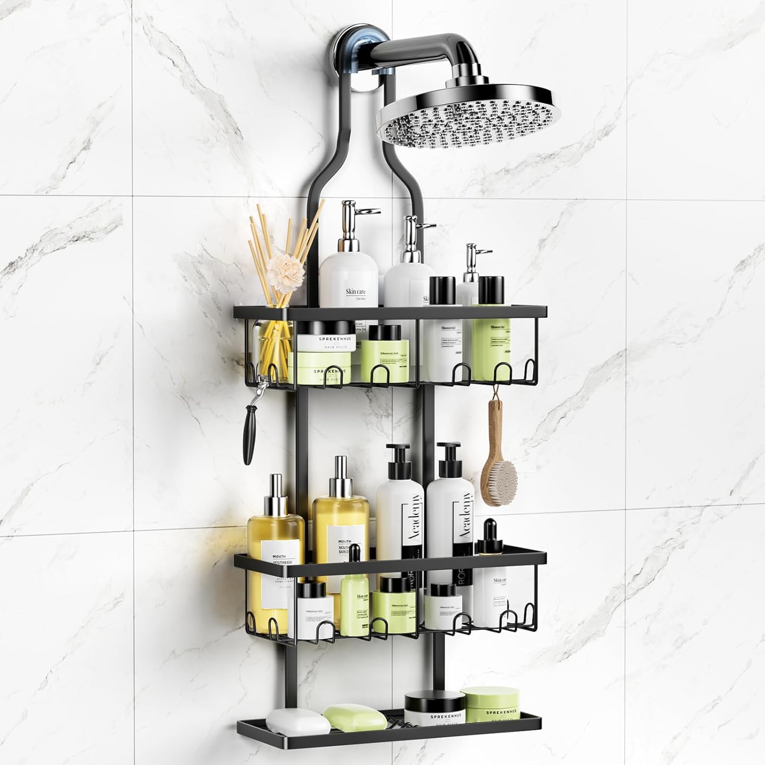 Shower Caddy Hanging, Bathroom Organizers Shelves over Shower Head, Anti-Swing Shower Organizer Shower Shelf, Hanging Shower Caddy with Hooks