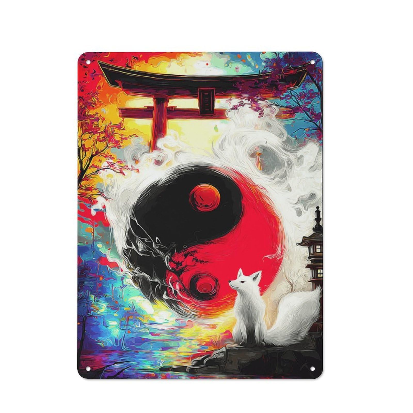 Yin-Yang Fox Spirit Gate Printed Metal Sign 40x30cm for Garage Wall, with Clear Industrial Wall Decor Character