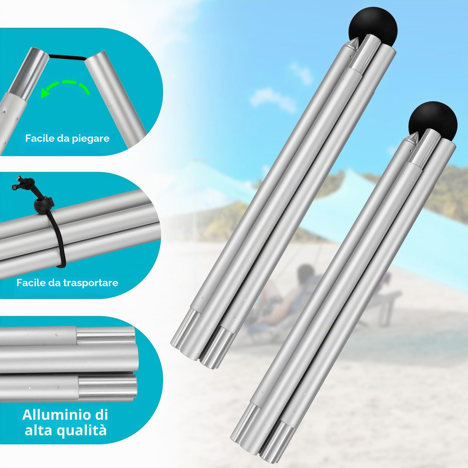 2 pali pieghevoli per tenda da spiaggia in lega di alluminio, 2 m, ricambio per accessori portatili per esterni