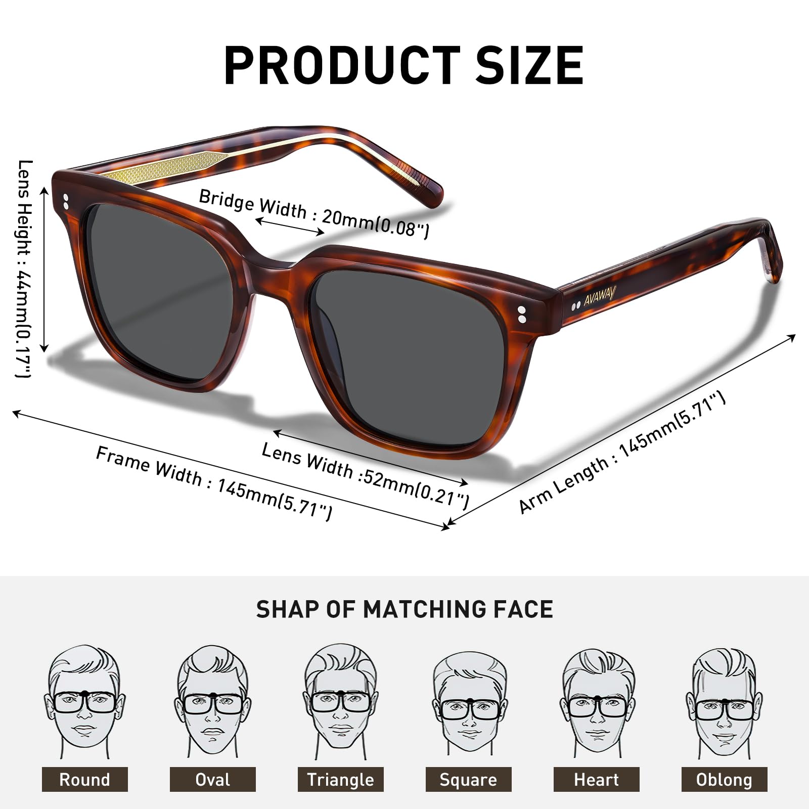 AVAWAY Moda Okulary Przeciwsłoneczne z Polaryzacją dla Mężczyzn Ochrona Przed Promieniowaniem UV Retro Vintage Oprawki z Acetatu Okulary Kwadratowe do Jazdy Samochodem i Wędkowania