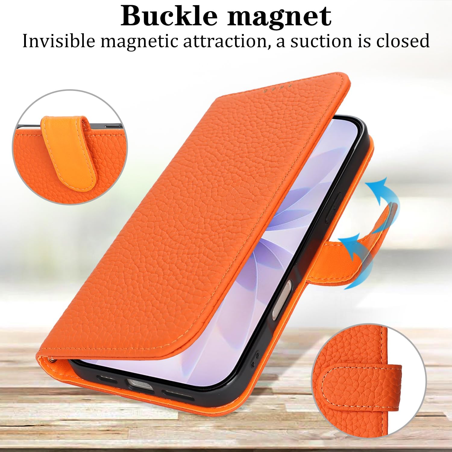 Zouzt Case for iPhone 17 Genuine Leather Wallet Case with 4 Card Slot, RFID Blocking Card Holder Magnetic Flip Folio Kickstand Shockproof Phone Cover Women Men for iPhone 17 - Orange