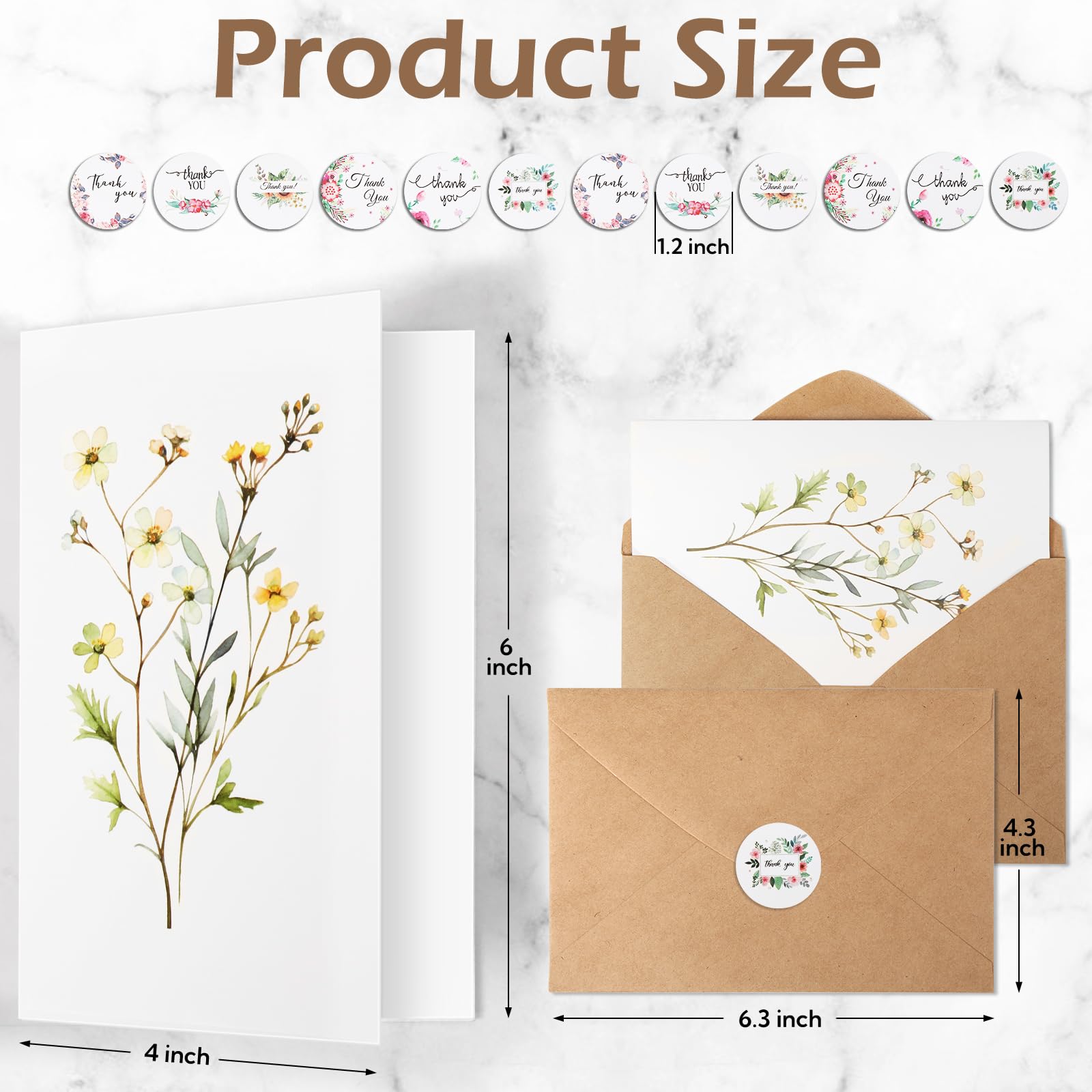 VZZNN Lot de 100 cartes de remerciement motif fleurs sauvages (10,2 x 15,2 cm), cartes de remerciement pour petite entreprise, carte de mariage avec enveloppe, livrées avec 108 autocollants ronds
