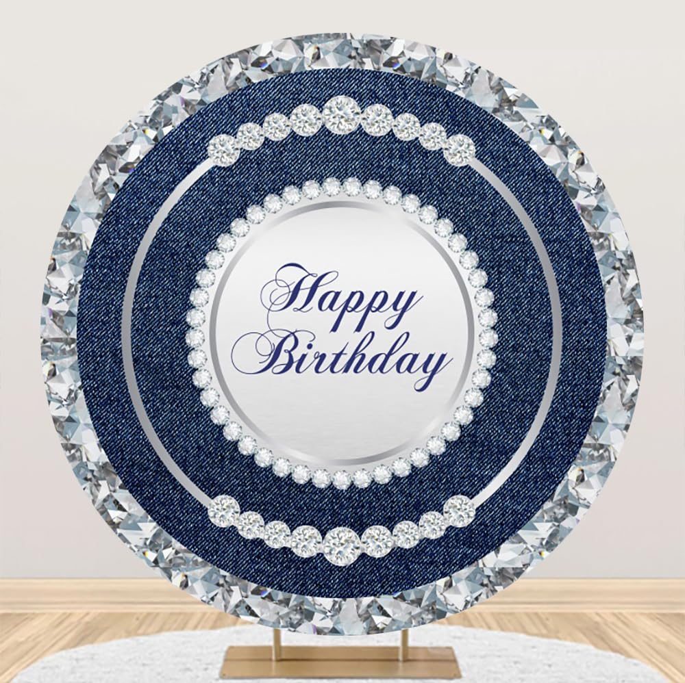 DORCEV Diamonds and Denim Party Happy Birthday Round Backdrop Cover 6.5x6.5ft Glitter Pearl Necklace Diamond Denim Blue Lady Woman Birthday Party