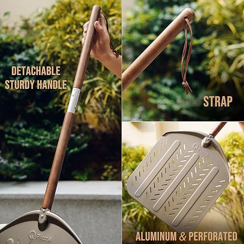 Miniatura 4 de Q Pizza Pala redonda de aluminio perforado de 12 x 14 pulgadas para pizza, dorado, aluminio, antiadherente, fácil de limpiar, adecuada para todas