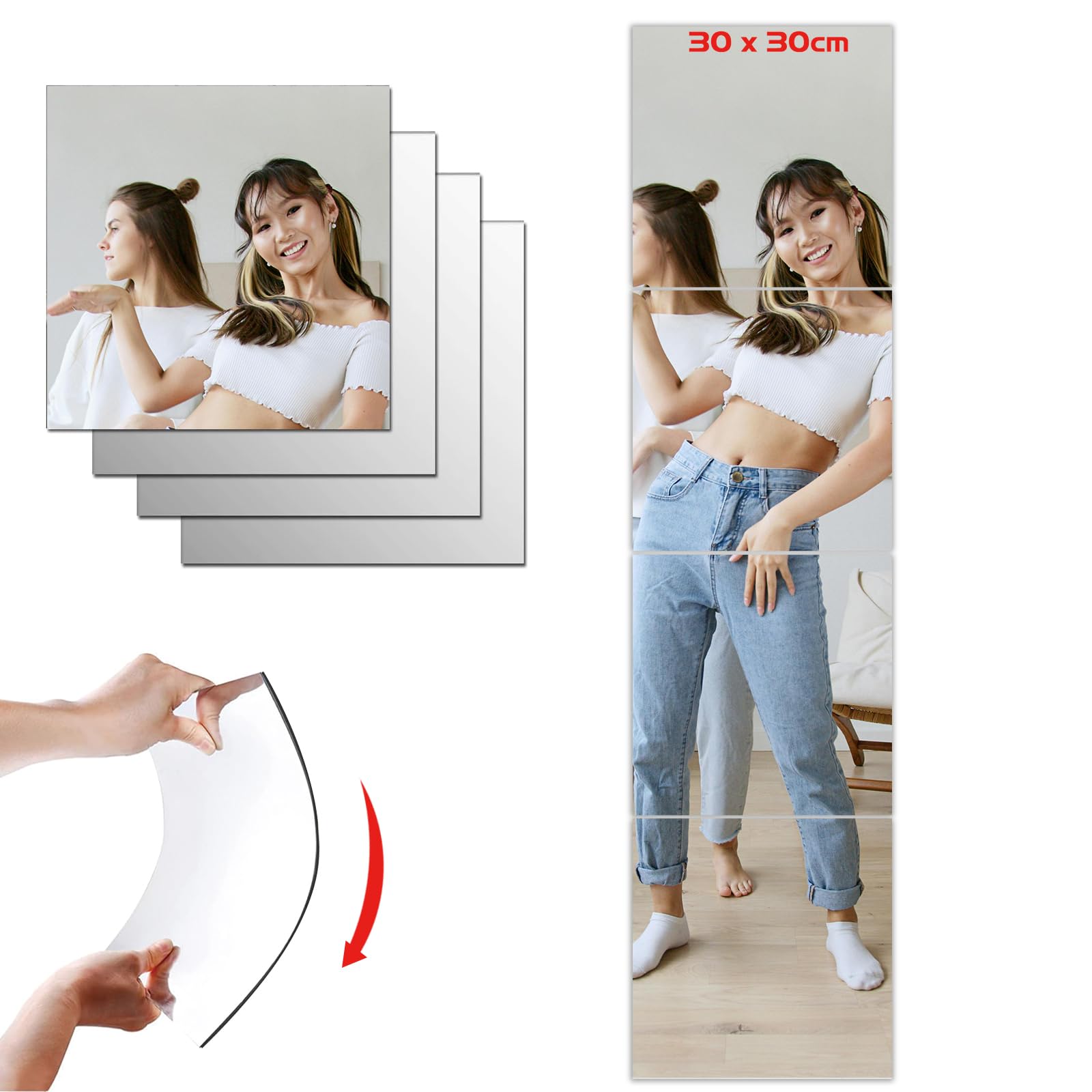 Wall Self Adhesive Tiles 4Pcs, 30cm x 30cm Thick Acrylic Mirror Tiles, HD Stick on Mirrors for Walls, Non Glass Mirror Full Length for Bathroom Door Bedroom Gym Home Wall Decor