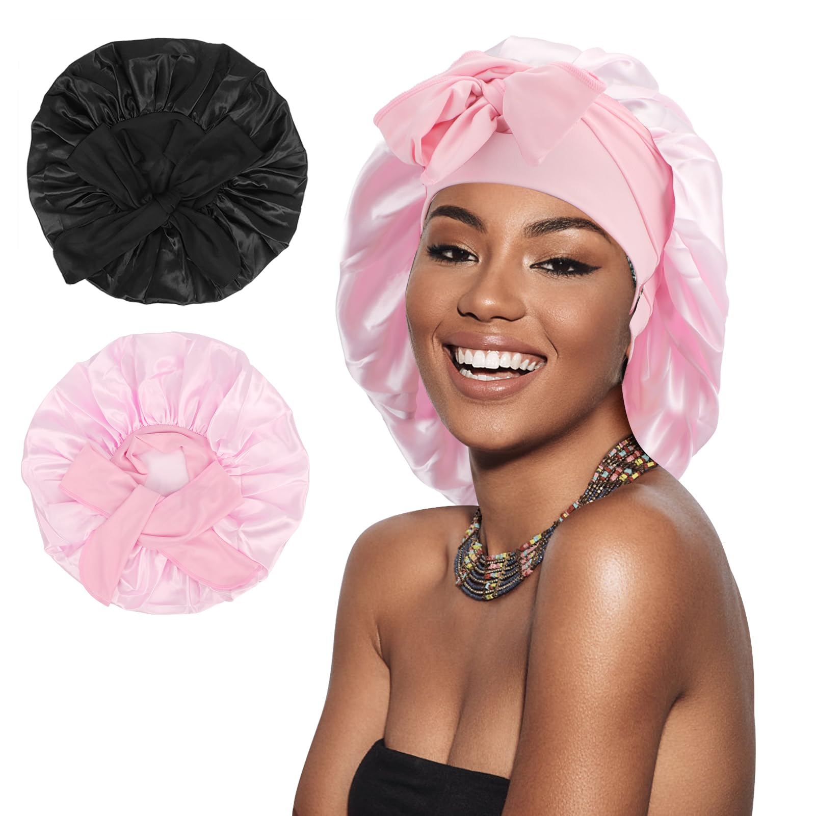 Arqumi Pack of 2 Satin Sleeping Bonnet, Large Satin Sleep Bonnet with Long Strap, Adjustable Sleep Cap Hair Bonnet for Women & Men, Black+Pink