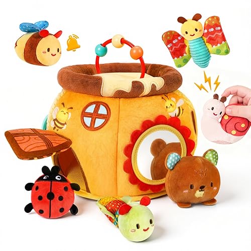 TOHIBEE Juguetes para bebés de 6 a 12 meses, casa suave con 6 animales de peluche, sonajero, papel arrugado, chirriante, espejo y juguete de