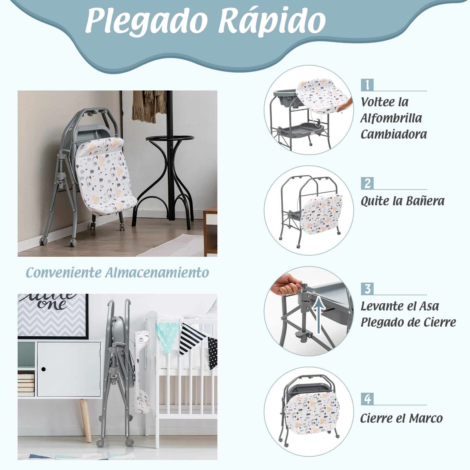 RELAX4LIFE 4 en 1 Cambiador/Bañera Bebe Plegable con 4 Ruedas Universales Bloqueables y 1 Estante, Cambiador Bebe Portátil con Cojín Impermeable, Bañera para Bebé 0-12 Meses, Carga 35kg (Gris Oscuro)