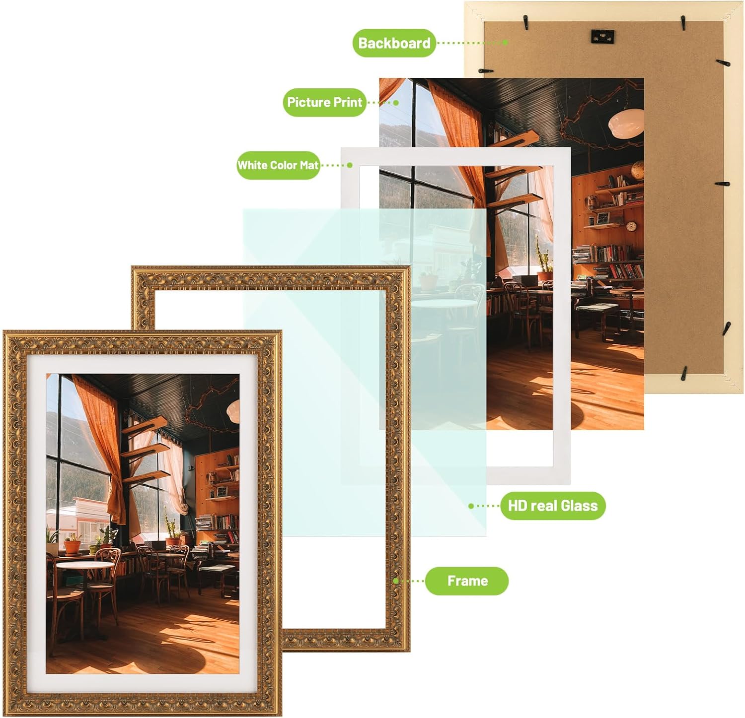 Golden State Art, 13X19 Ornate Finish Photo Frame with White Mat for 11X17 Picture & Real Glass, Color: Bronze