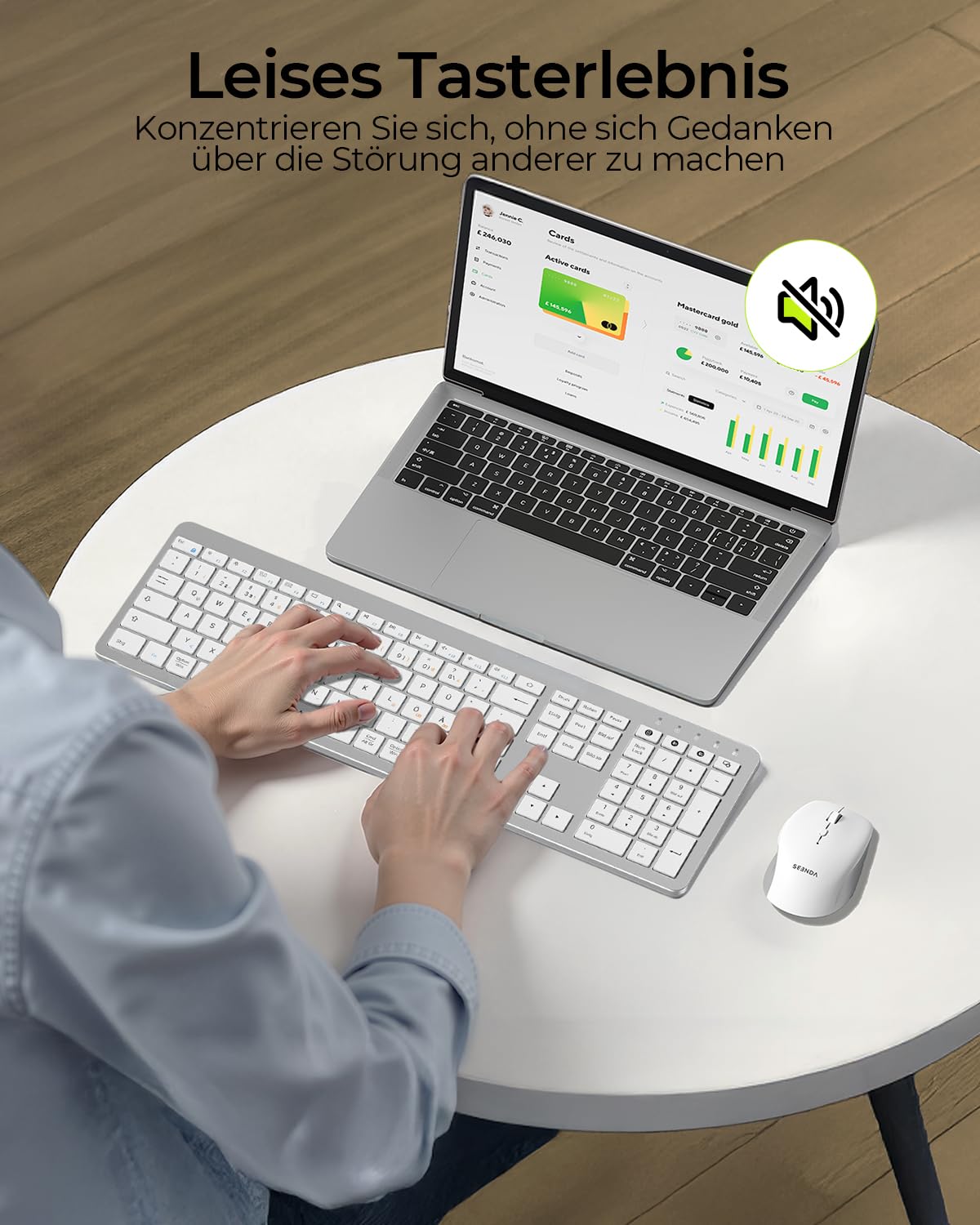 SEENDA Bezprzewodowy zestaw myszki do klawiatury, ultracienki, z podwójnym Bluetooth i USB 2,4 GHz dla 3 urządzeń – niemiecki układ QWERTZ dla Windows, Mac, iPad, laptopa i tabletu (biały i srebrny)