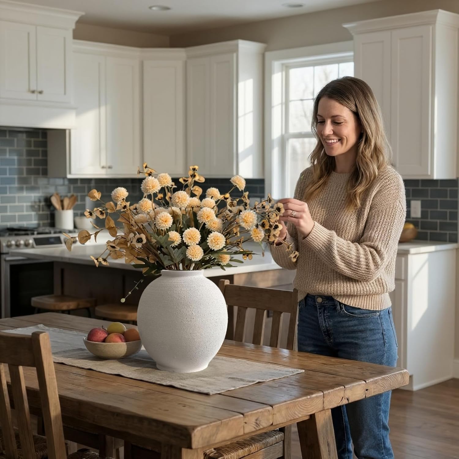 Large White Ceramic Vase Home Decor, Round Rustic Table Vases Farmhouse Living Room Entrway Kitchen Bedroom Decorations，Minimalist Hand-Made Textured Vase (10.8” Sandstone White)