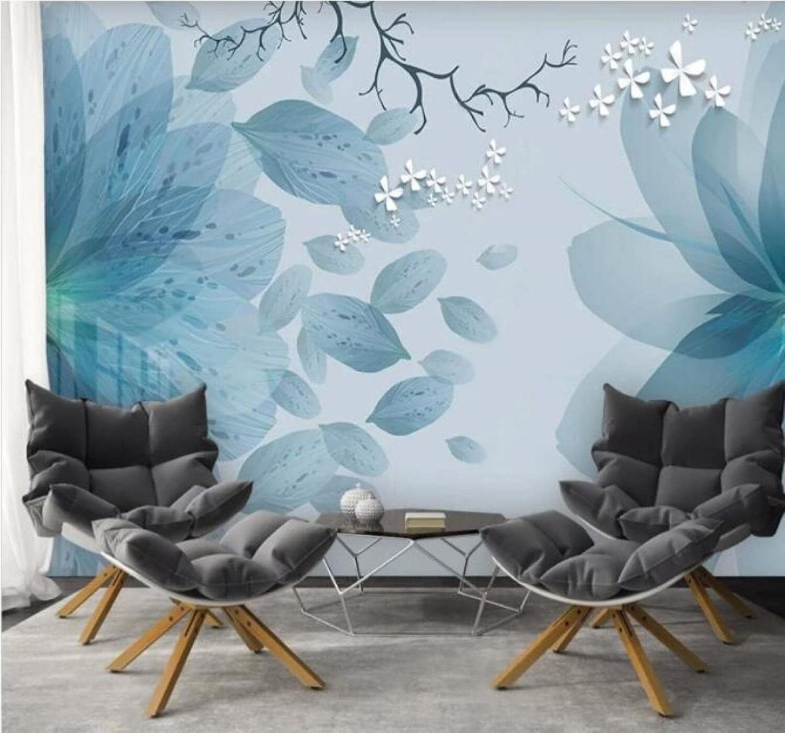 XLMING Fresh Watercolour Blue Flowers Butterflies 3D Wallpaper Luxury Silk Study Dining Feature Sofa Grey Bedroom Living Room Tv Decorative Wall-250cm×170cm