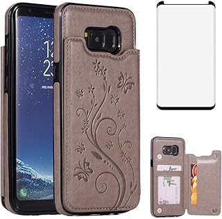 Phone Case for Samsung Galaxy S8 with Tempered Glass Screen Protector Card Holder Wallet Cover Stand Flip Leather Slim Soft Cell Accessories Glaxay S 8 8S Edge SM-G950U Cases Women Girls Men Gray