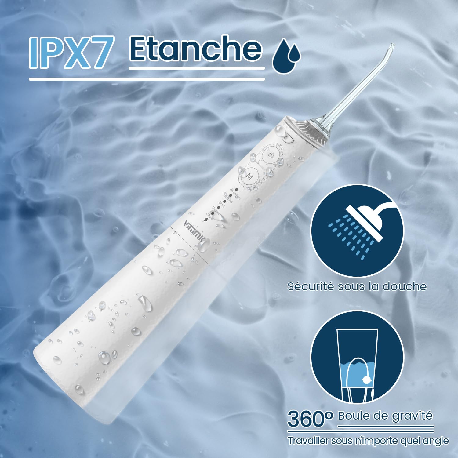 VIMMK Jet Dentaire Hydropulseur et Irrigateurs Oral avec 5 Modes de Pression d'eau et 8 Embouts Remplaçables, Rechargeable et Étanche IPX7, Réservoir 300ML (Blanc)