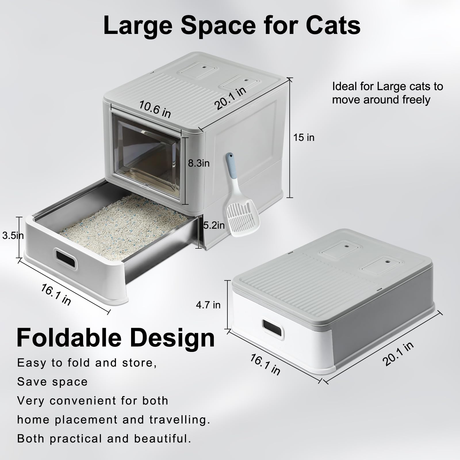Marchul Enclosed Stainless Steel Cat Litter Box with Lid & Drawer Design, XL Extra Large for Indoor Cats, Metal Covered Cat Litter Box, Baffles for Anti-Leakag, with Litter Scoop & Litter Mat