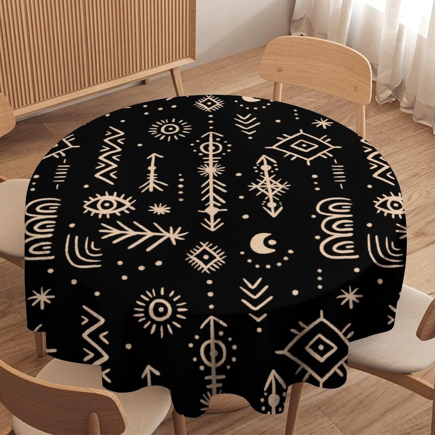 Magic Sun and Moon Table Runner, Aztec Abstract Lines Table Cover for Dinner Kitchen Holiday Home Picnic Party Camping, 60x60 Inch Round