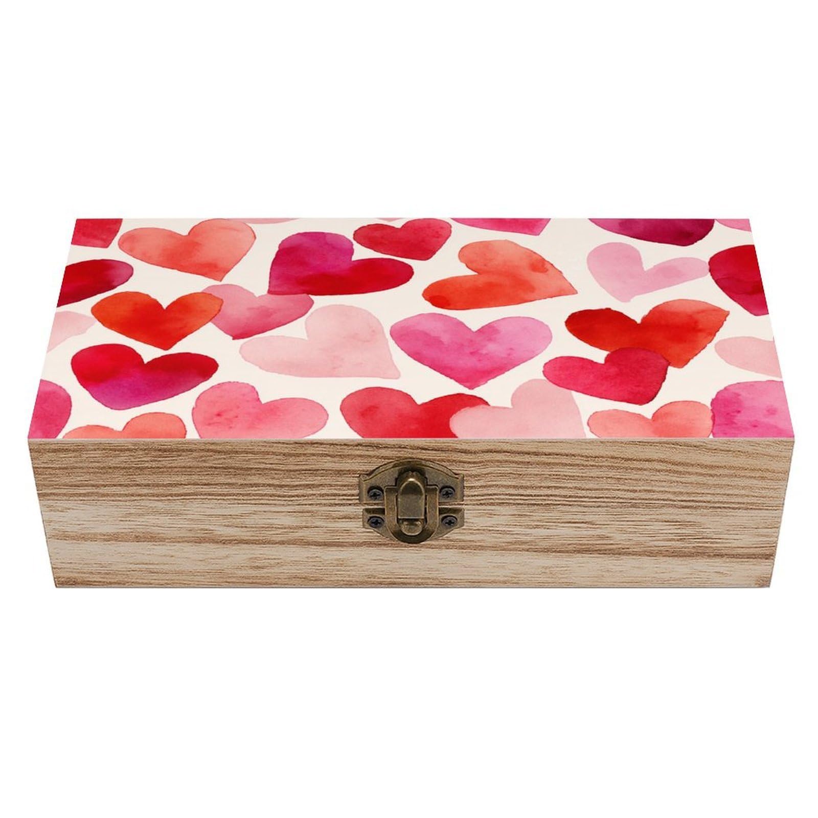 asbwuo Watercolor Hearts Red And Pink Wooden Storage Box with Hinged Lid