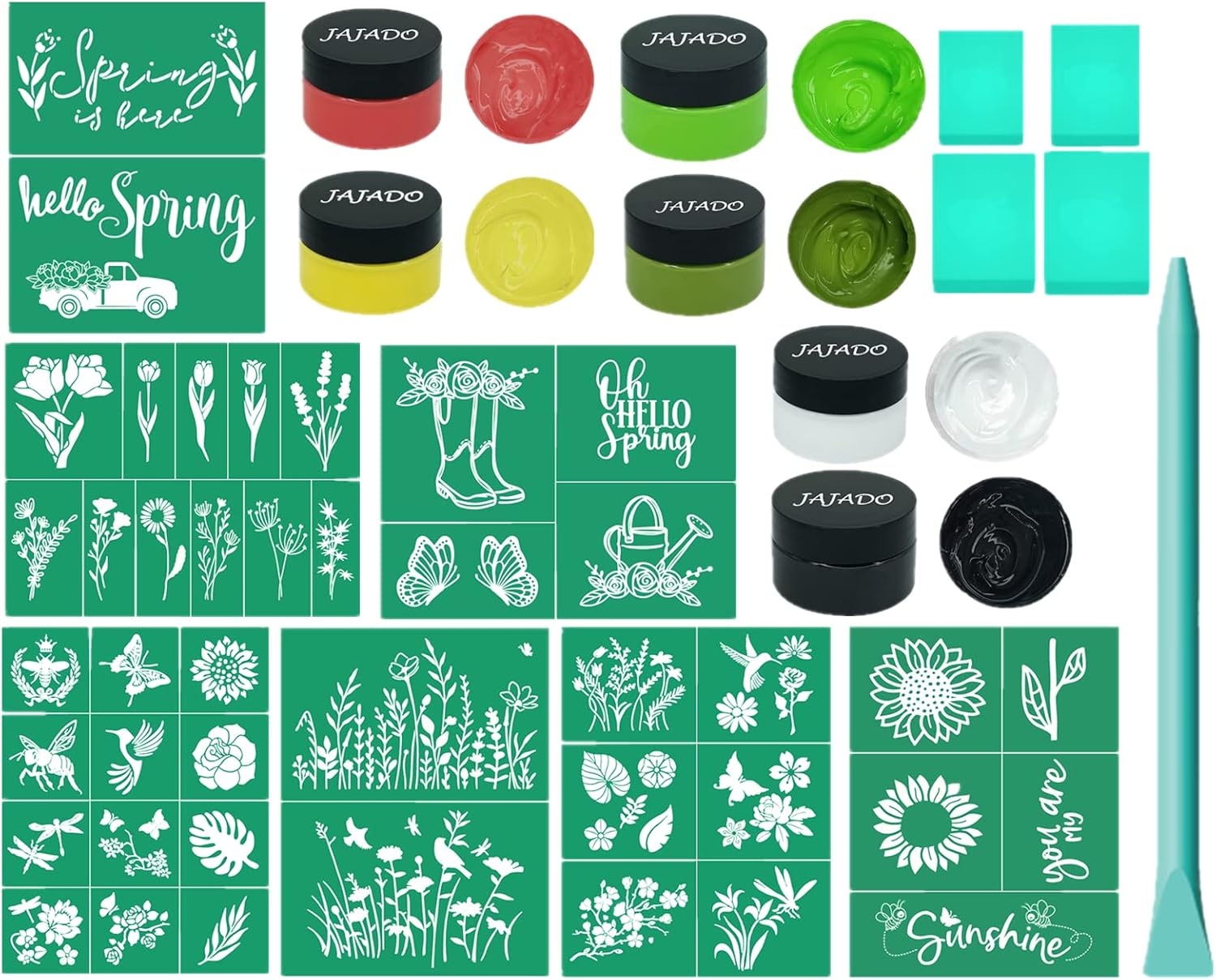 JAJADO Silk Screen Stencils Spring Chalk Paste Starter Kits 16 Pcs, Adhesive Printing Mesh Transfers Paint for Craft Plants Painting on Wood DIY T-Shirt Card 5+6+5 Kits