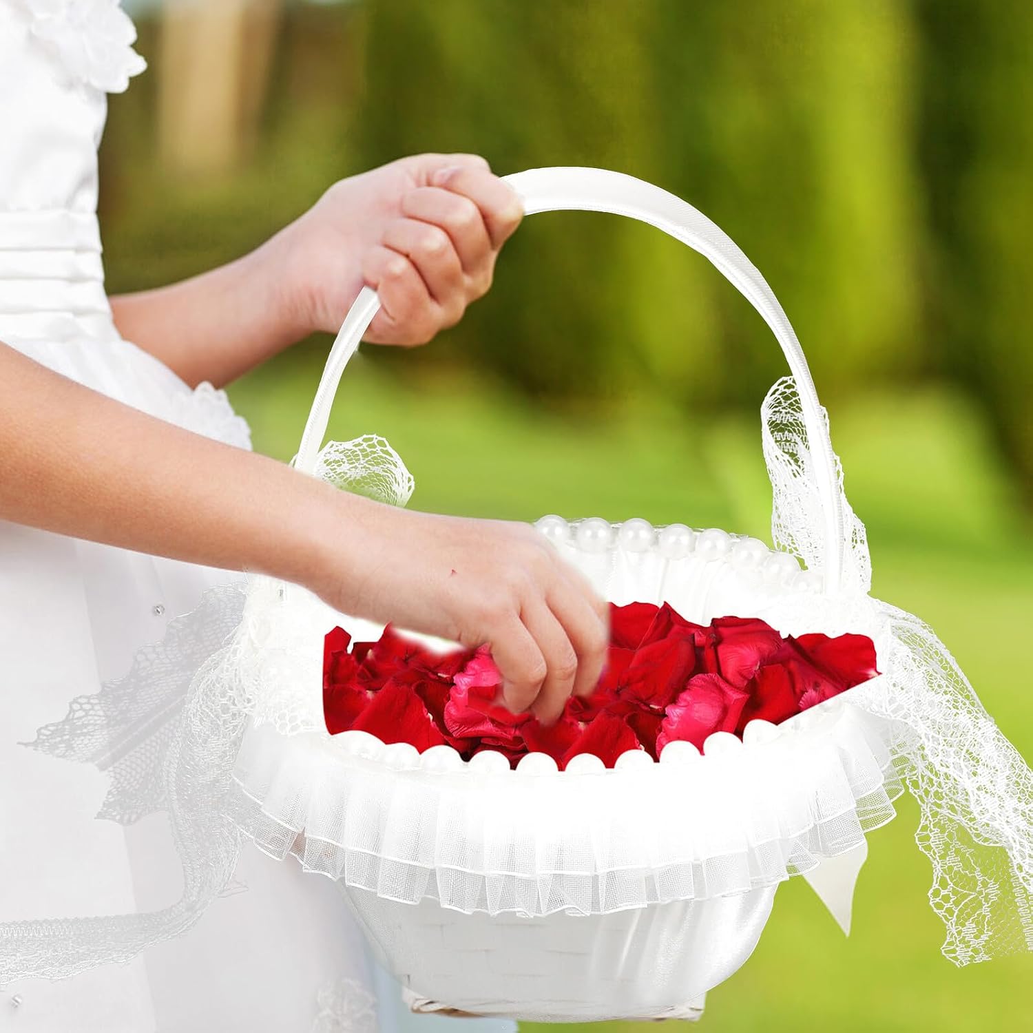Alipis Wedding Flower Girl Basket with Lace and Satin Flowers, Pearl Handle Handheld Petal Basket for Wedding Ceremony and Party Favors